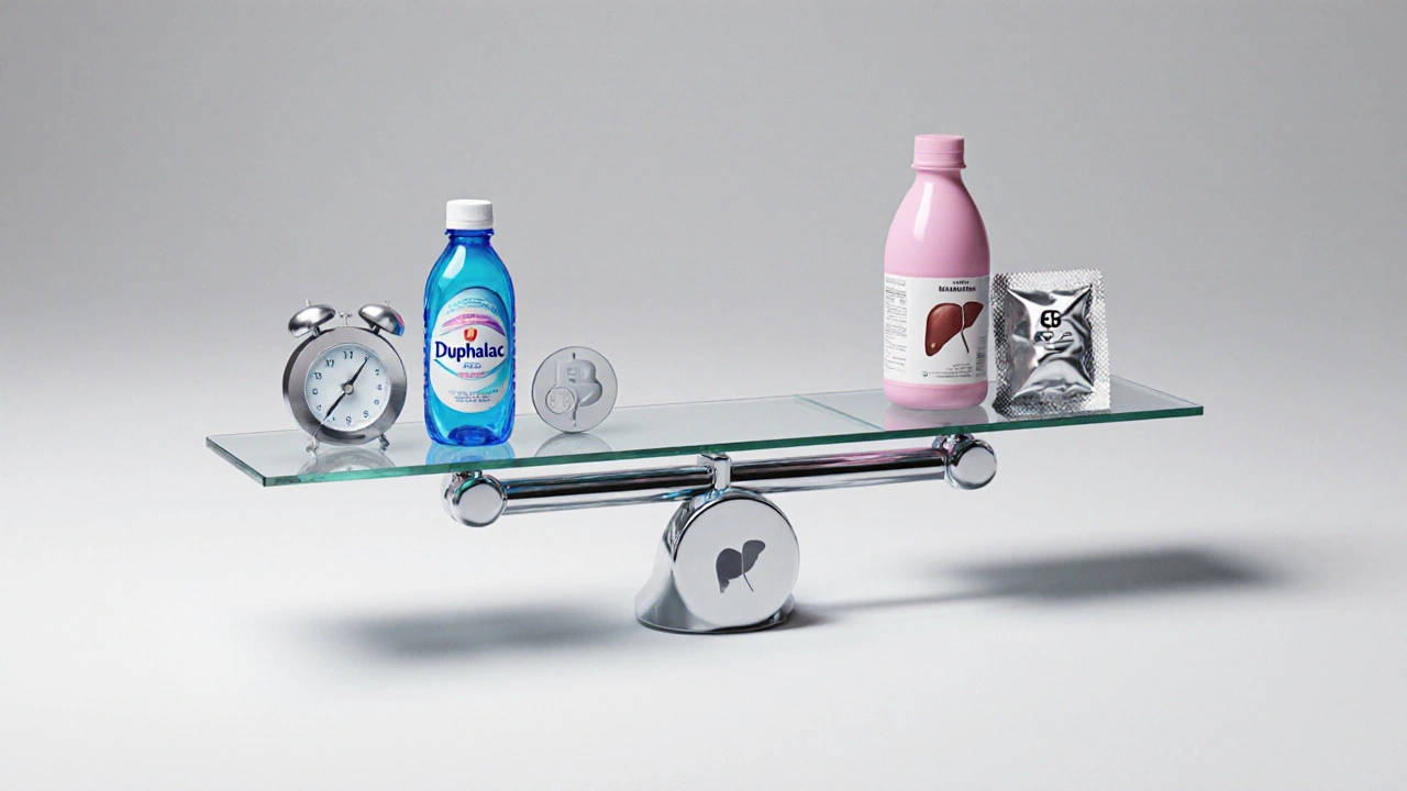 3D balance scale with Duphalac bottle and icons, slightly tipped toward Duphalac.