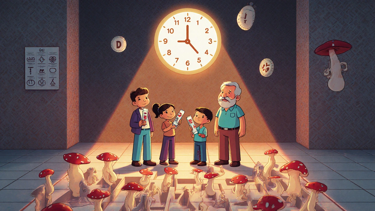 A family uses butenafine cream while standing on a fungal maze with a 4-week countdown clock above.