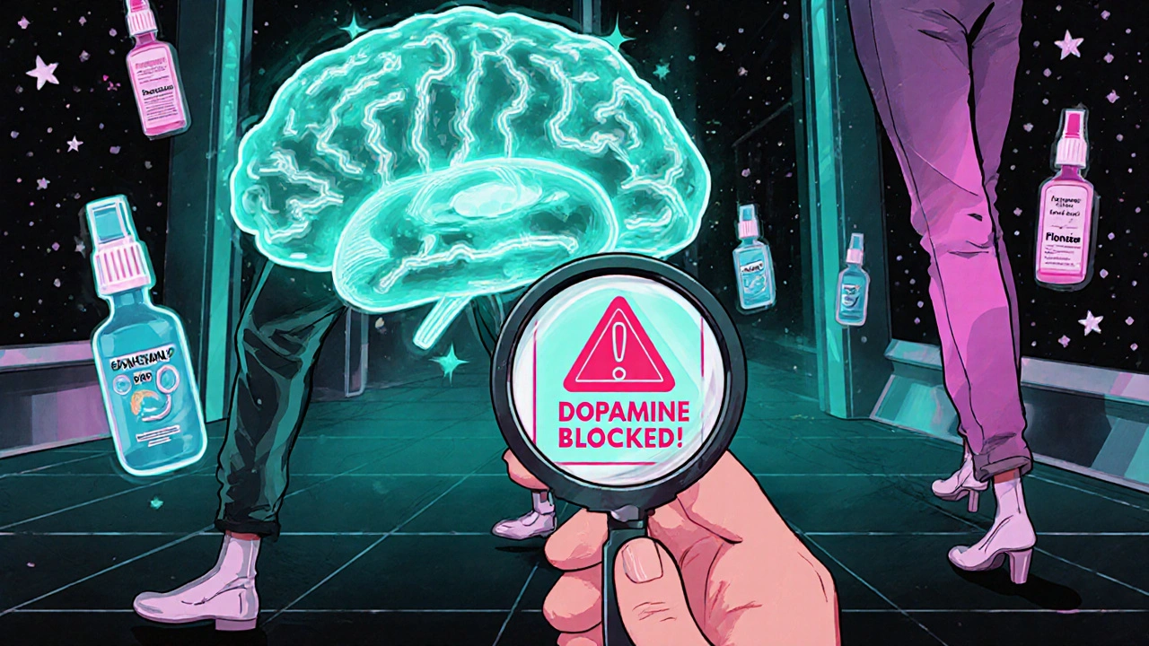 A person examining a holographic warning on a medicine label, with a fading brain and safe nasal sprays nearby in a retro-futuristic scene.