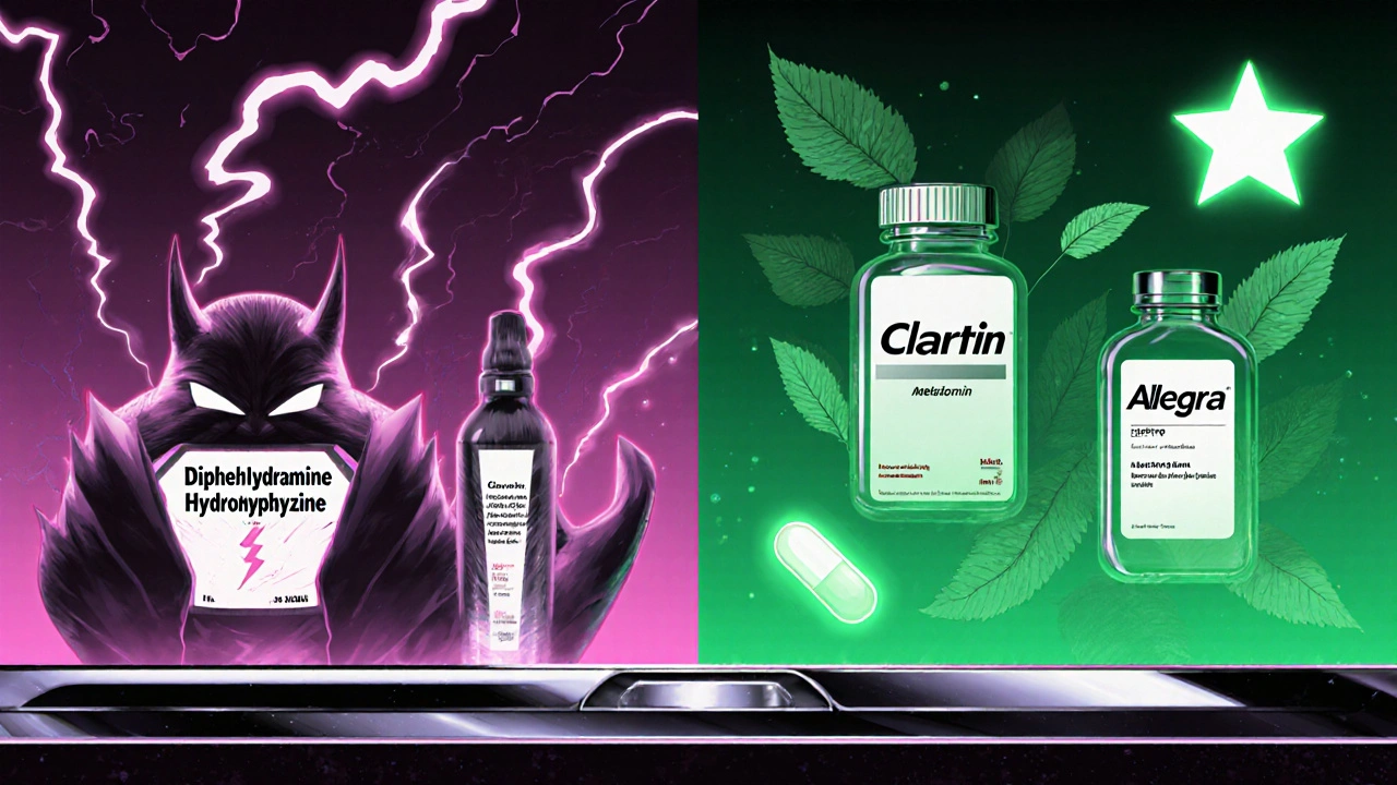 A pharmacy shelf split between dangerous sedating antihistamines and safe alternatives, rendered in glowing retro-futuristic design.