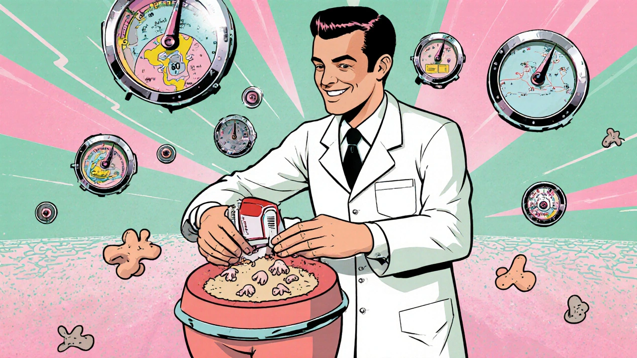 A space-age doctor applying cream to a ringworm-shaped rash with collapsing fungi in vintage sci-fi setting.