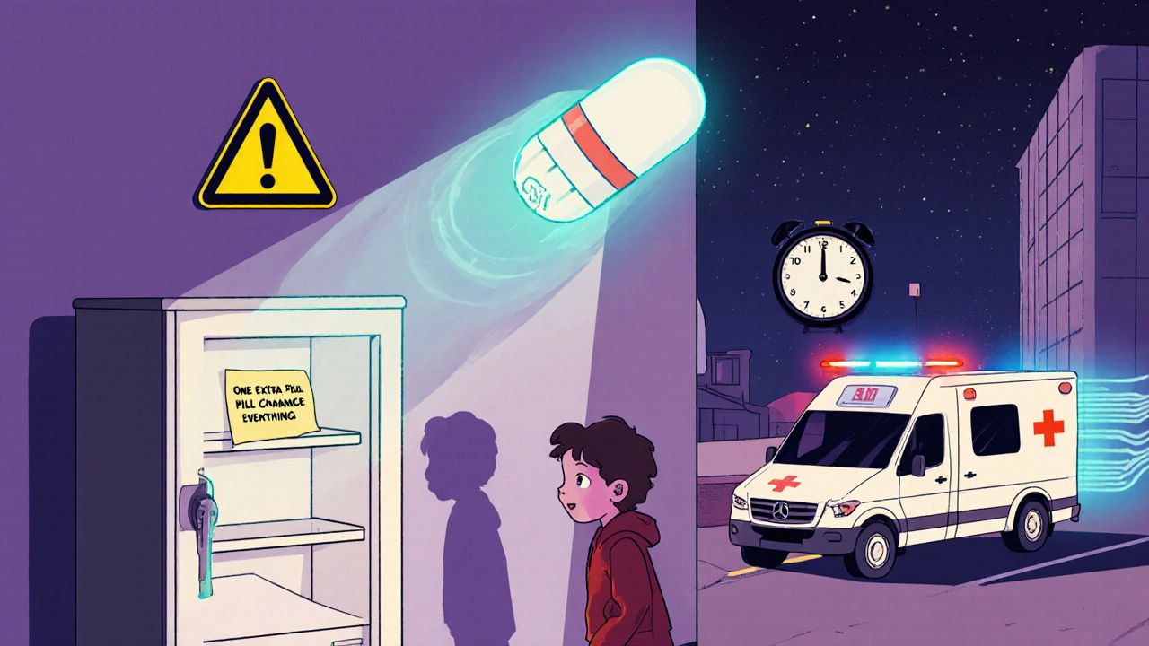 Child's bedroom with a warning shadow from a floating pill, locked cabinet, and approaching ambulance.
