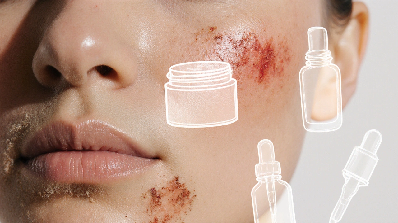 Close‑up of facial skin showing dryness, redness, and peeling, with faint silhouettes of retinoid containers.