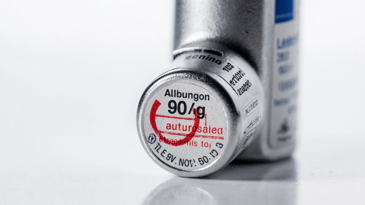 Close-up of generic albuterol inhaler showing batch number, expiry date, and tamper seal.
