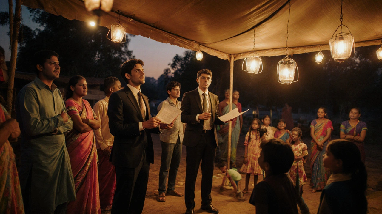 Community event where a leprosy survivor and lawyer speak to villagers, children play nearby, lanterns glow.
