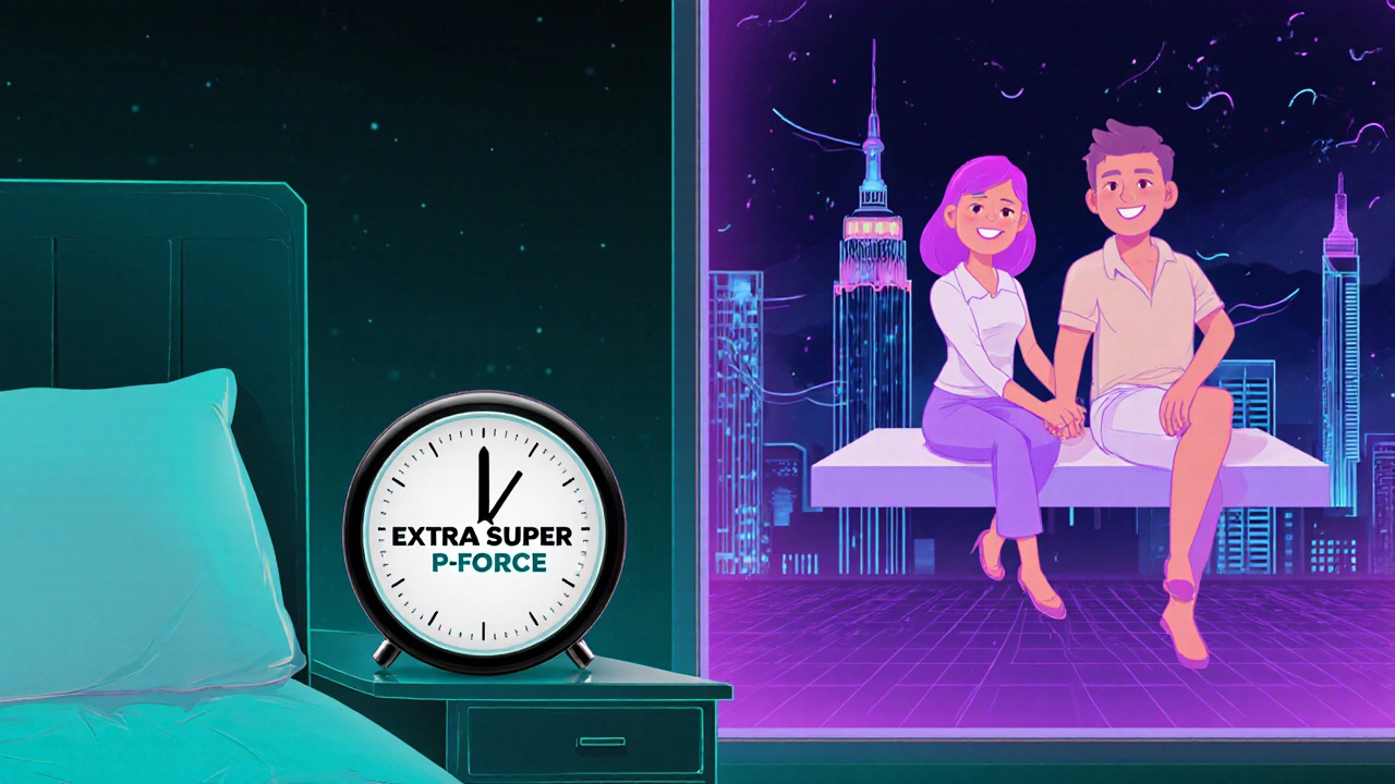 Couple relaxes in a neon‑lit bedroom with a single combo pill on the bedside table.