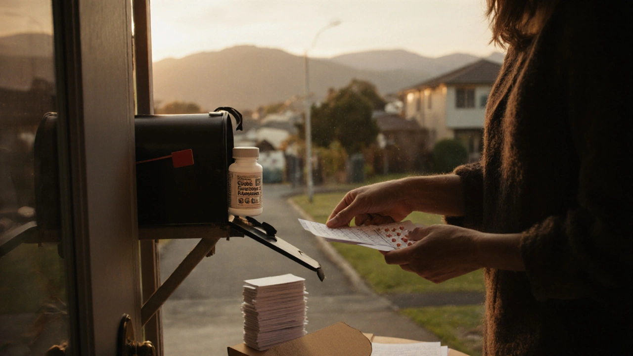 Customer inspecting delivered fluoxetine bottle at home with sunset background.