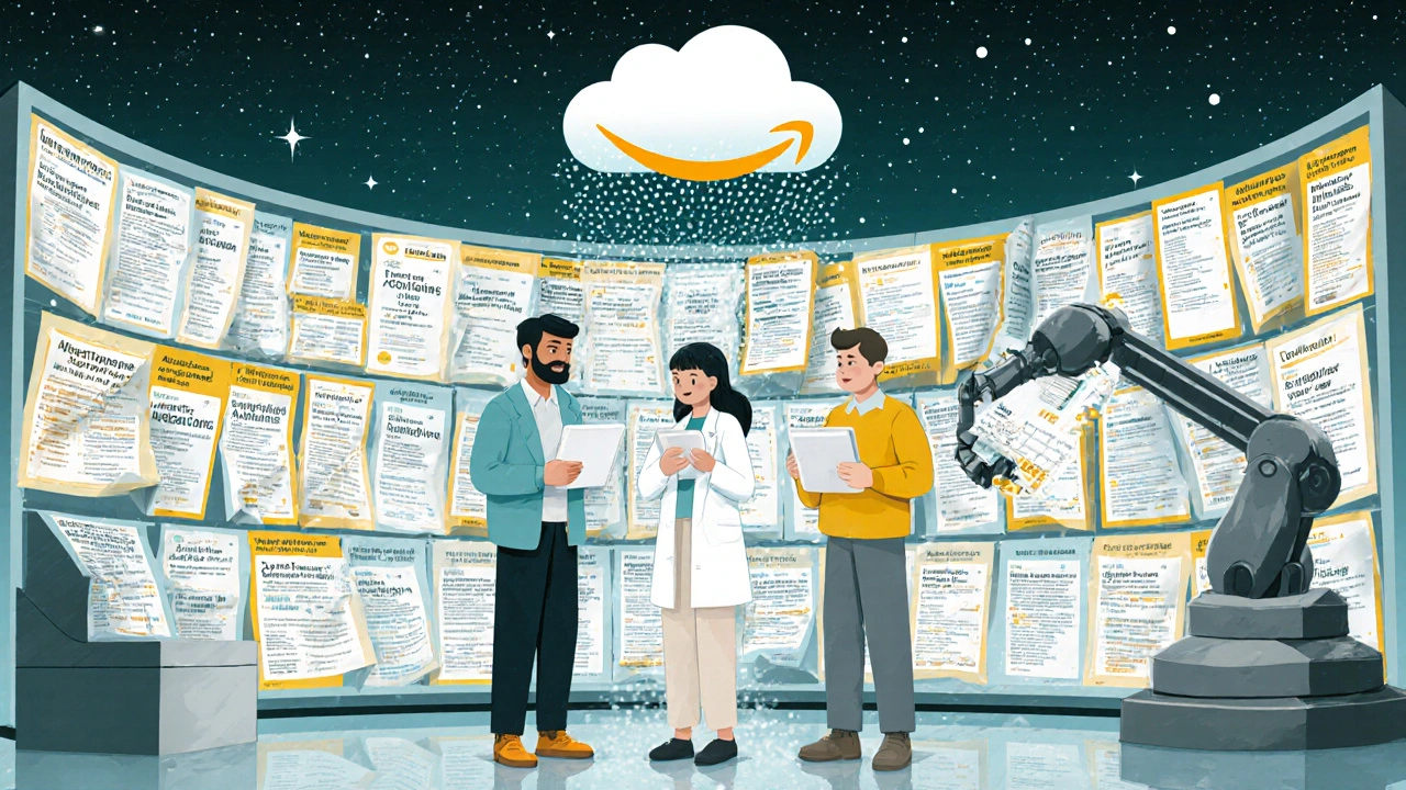 Diverse users viewing FDALabel data on tablets, surrounded by unfolding drug labels and a starfield of medical terms.