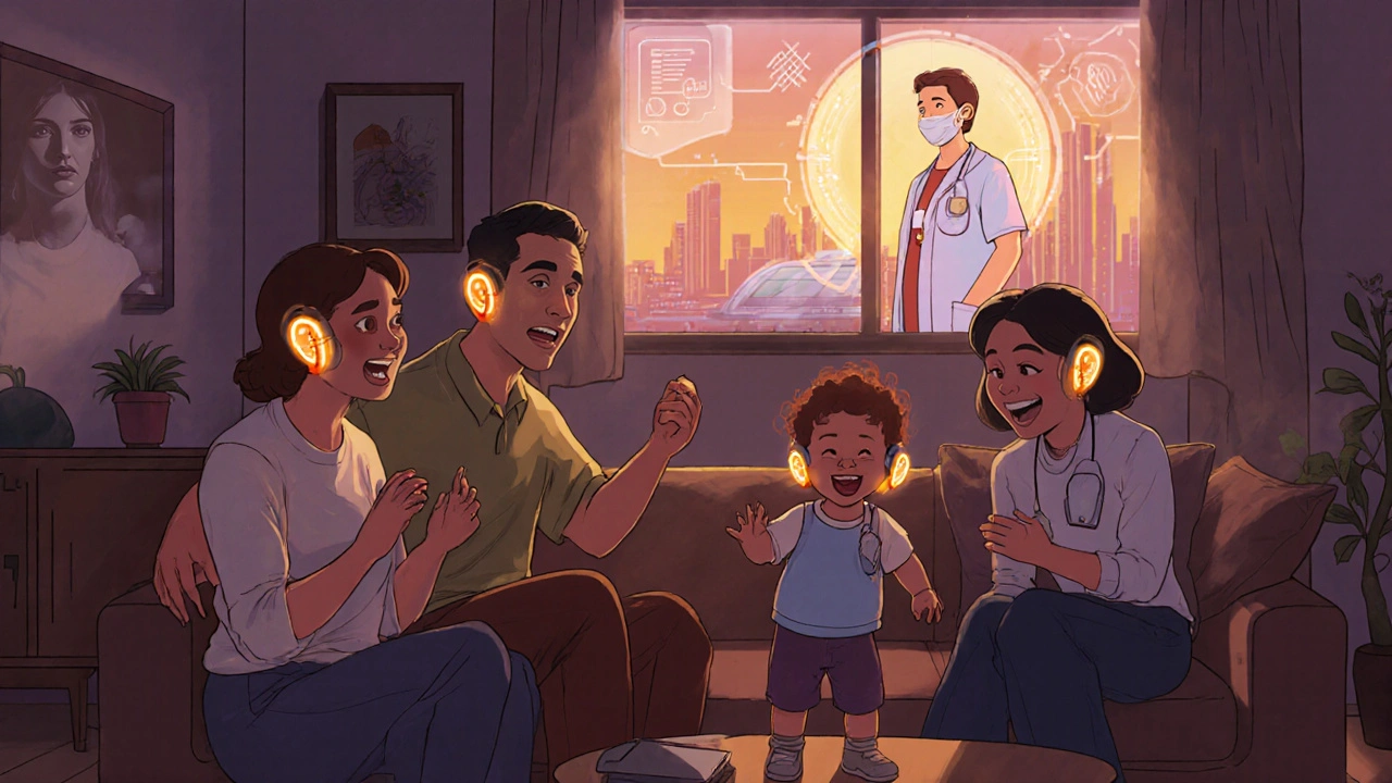 Family in living room smiling, all wearing glowing implants, holographic medical team in background.