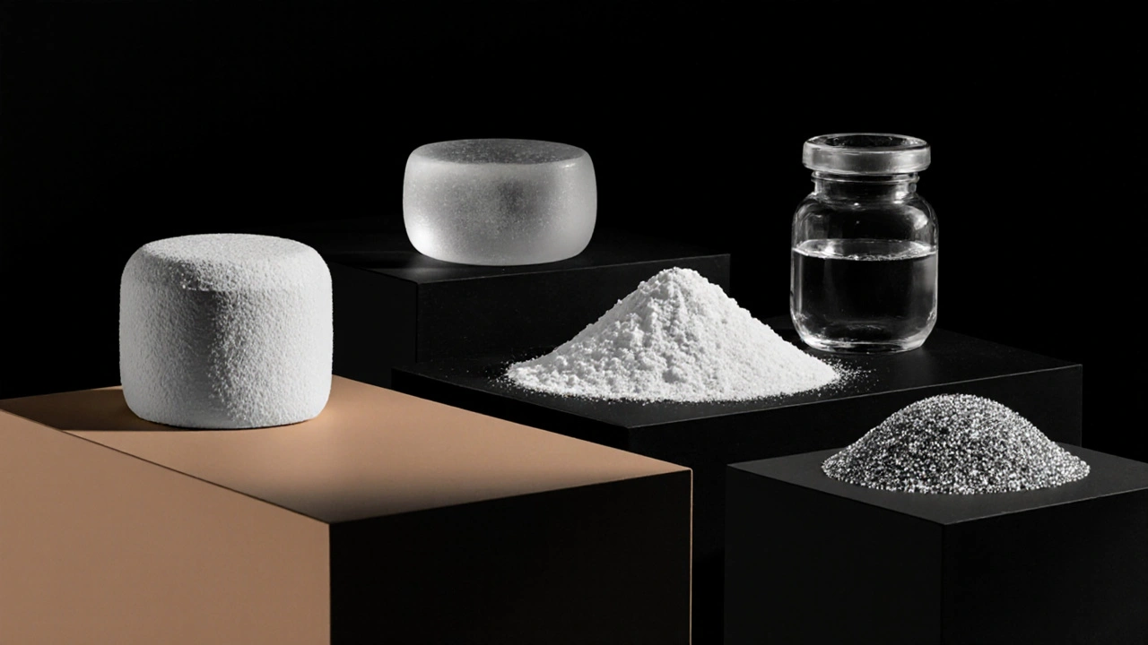 Five calcium supplement types displayed on pedestals with dramatic lighting.