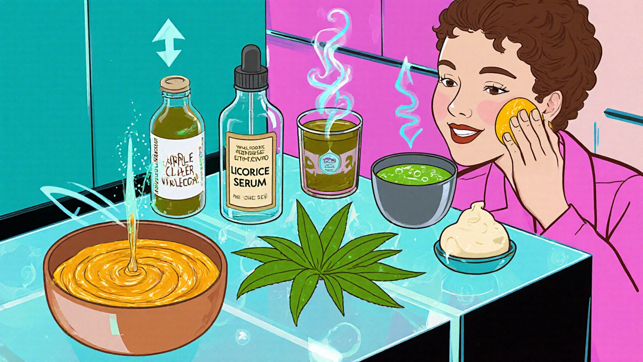 Five natural melasma remedies displayed on a holographic countertop with a woman applying turmeric paste.