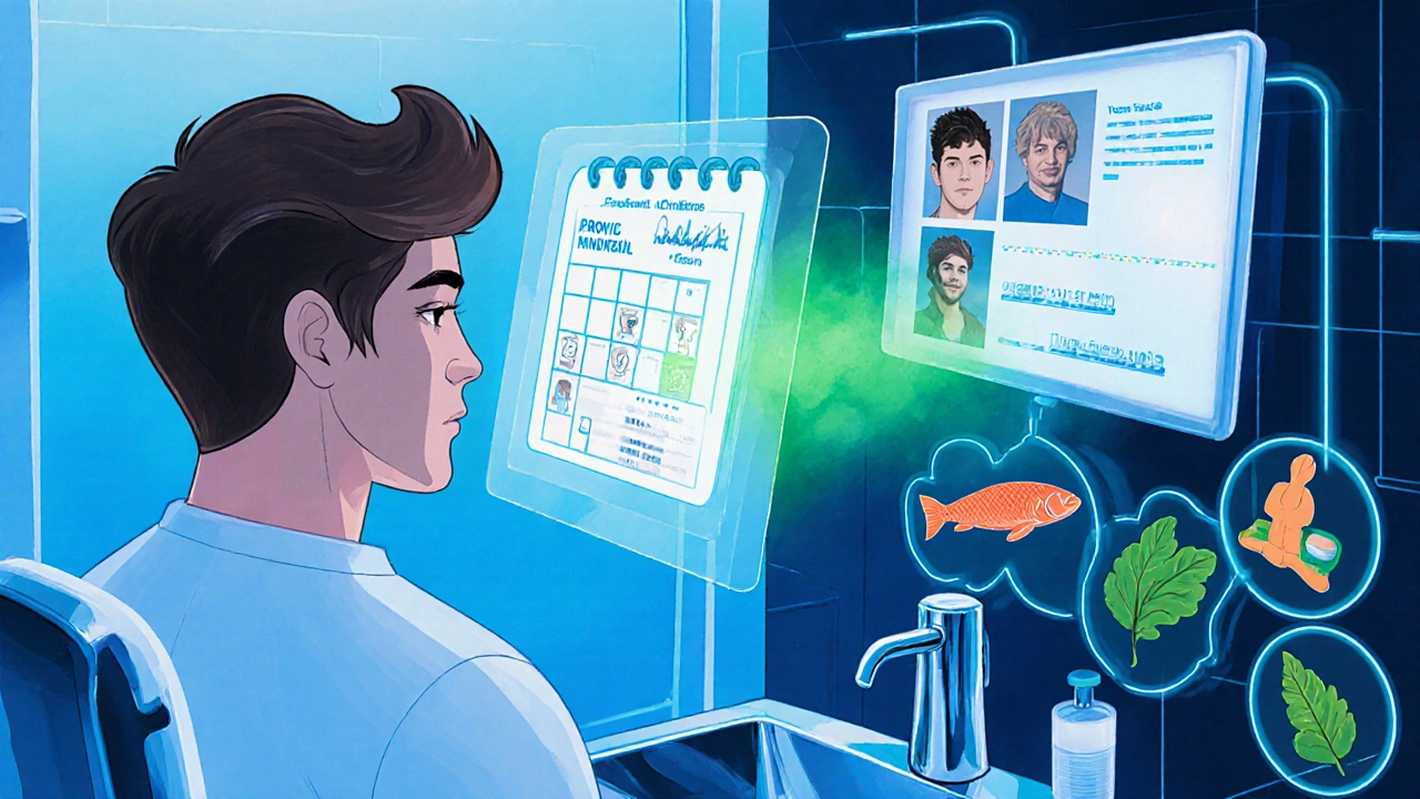 Futuristic bathroom with holographic regimen schedule and wellness icons.