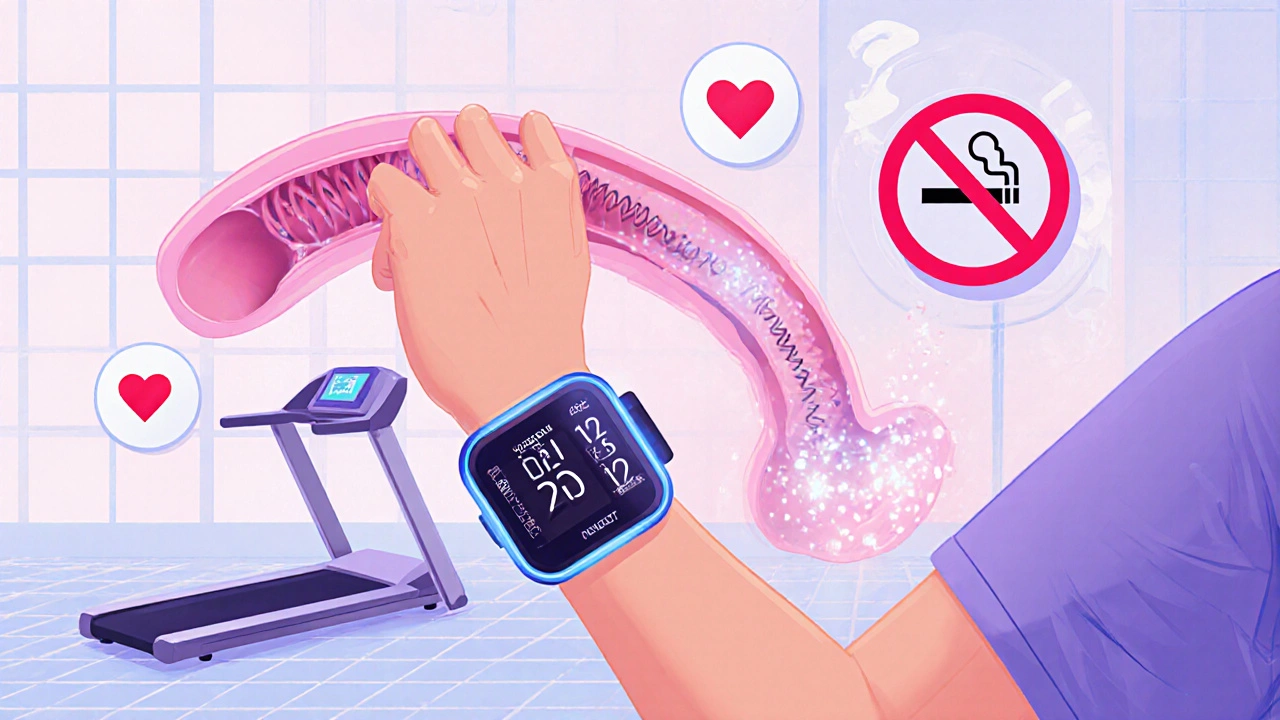 Futuristic clinic scene with a patient monitoring blood pressure and a dissolving stent.