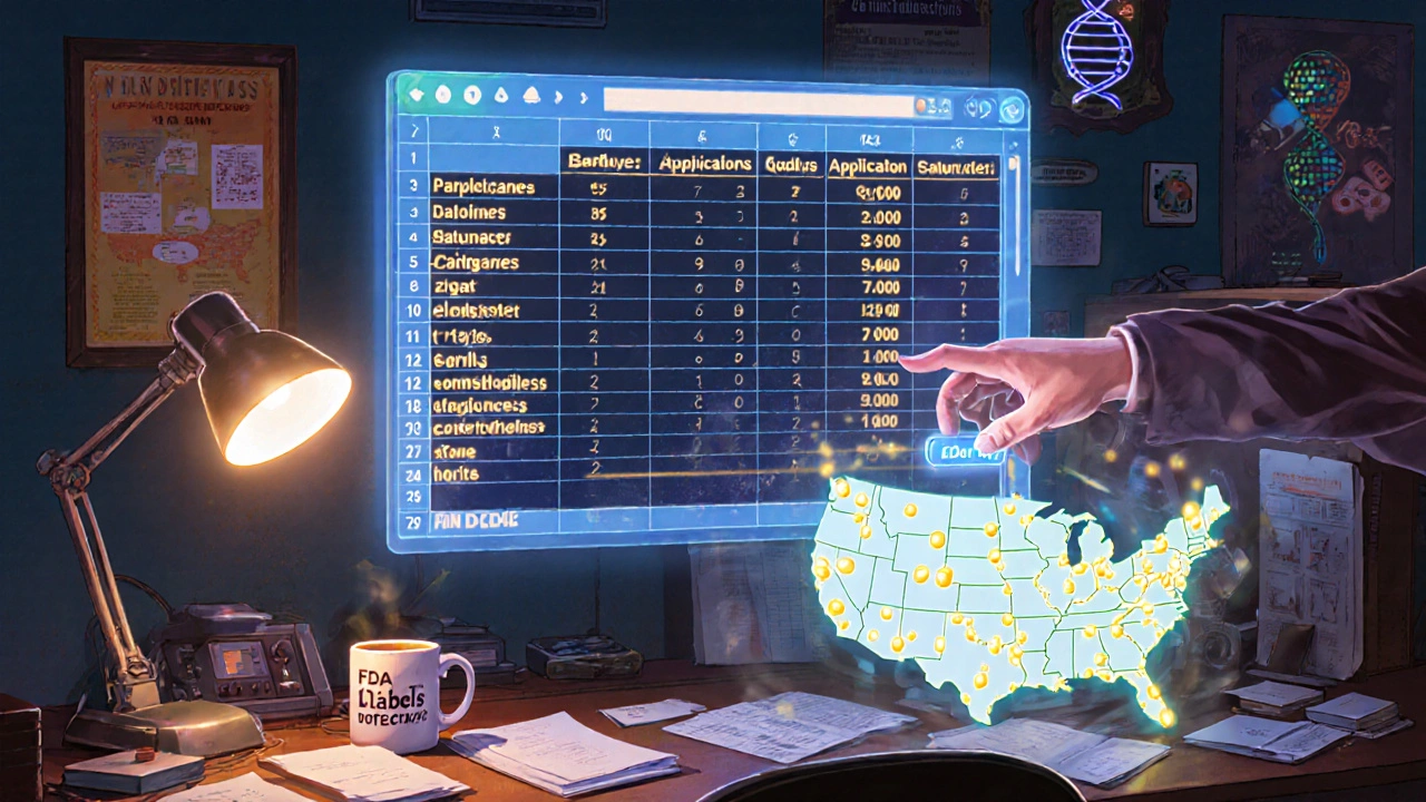 Glowing Excel export of drug labels hovering above a research desk with holographic search links and vintage sci-fi decor.