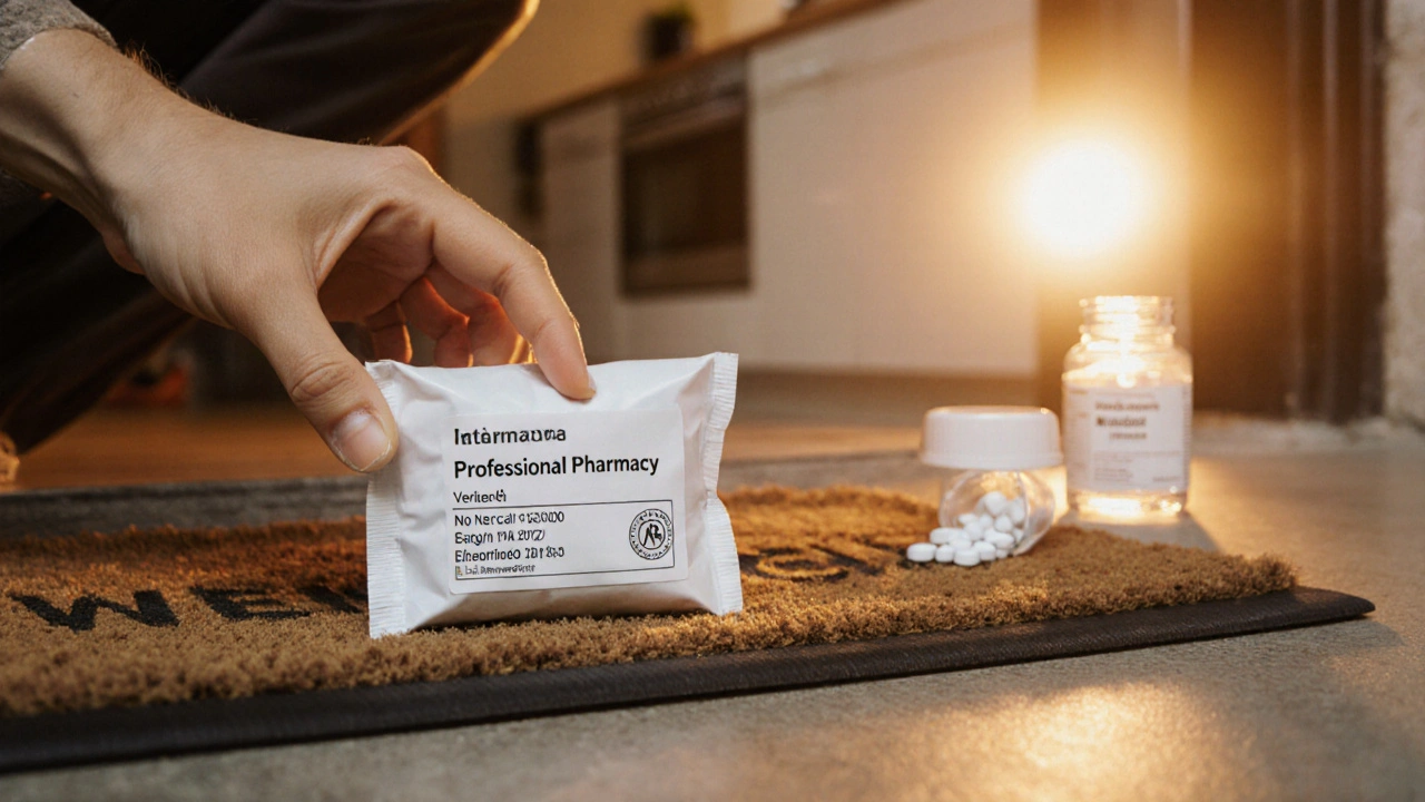 Hand receiving a sealed pharmacy parcel containing authentic generic metformin tablets.