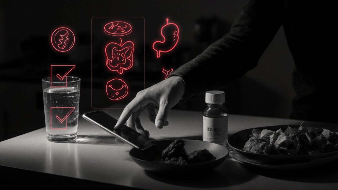 Hand selecting a calcium tablet beside water and food with checklist icons above.
