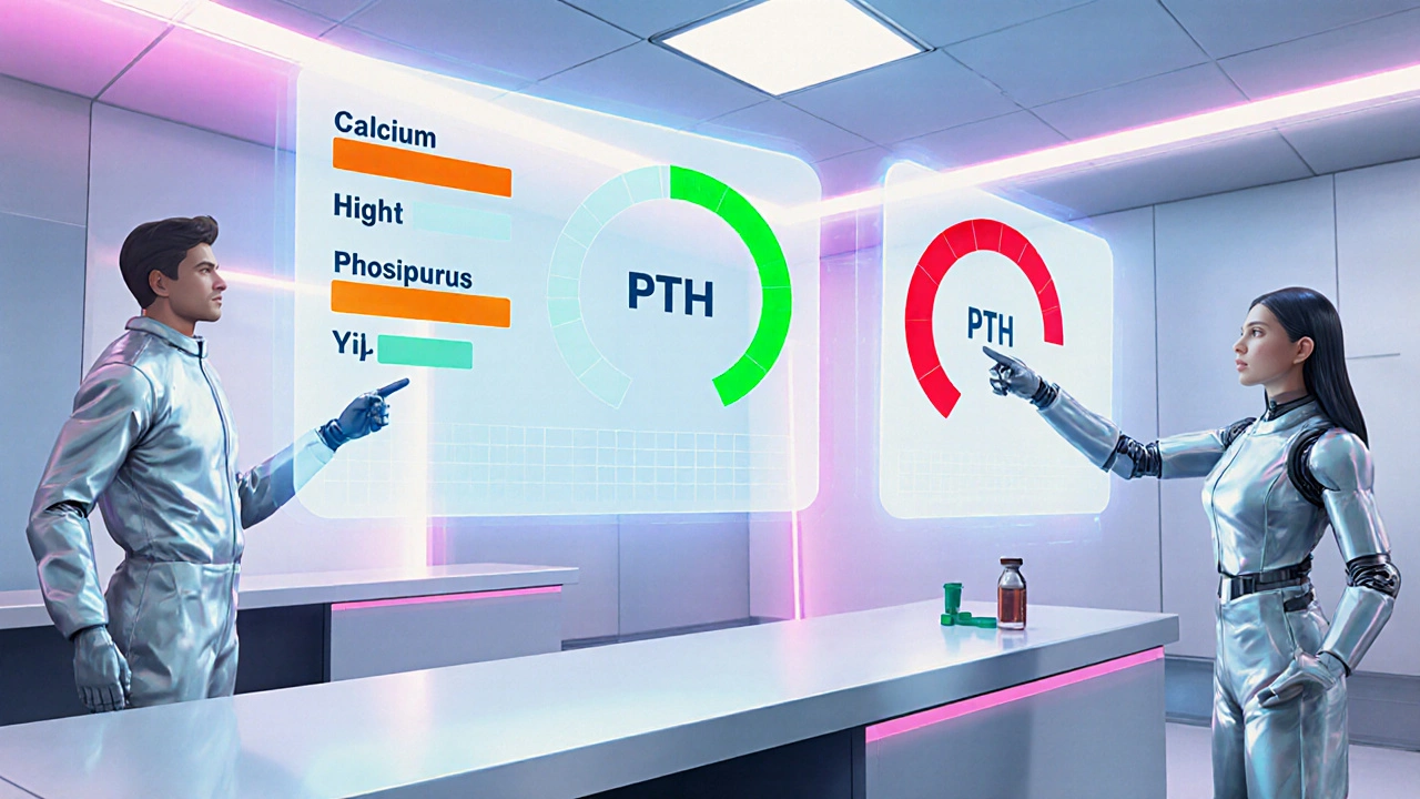 Holographic lab console displaying low calcium, high phosphorus, and elevated PTH levels.