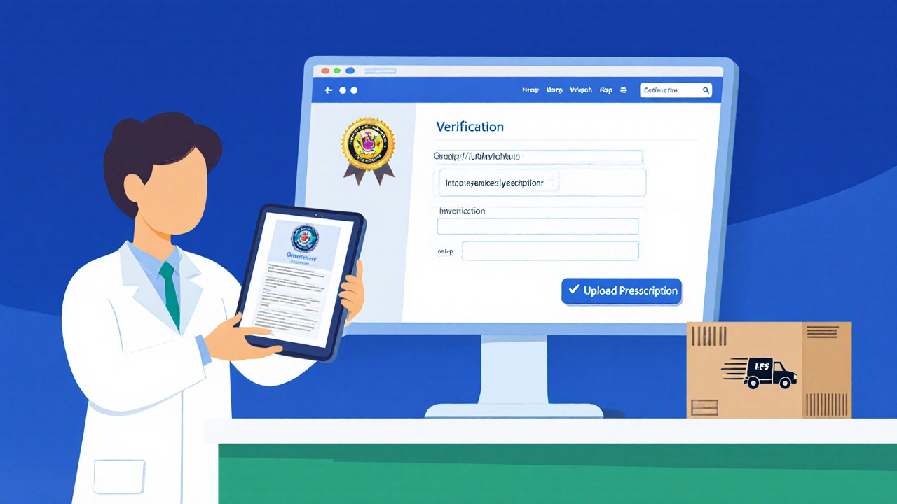 Illustration of pharmacist verifying online pharmacy license and prescription upload.