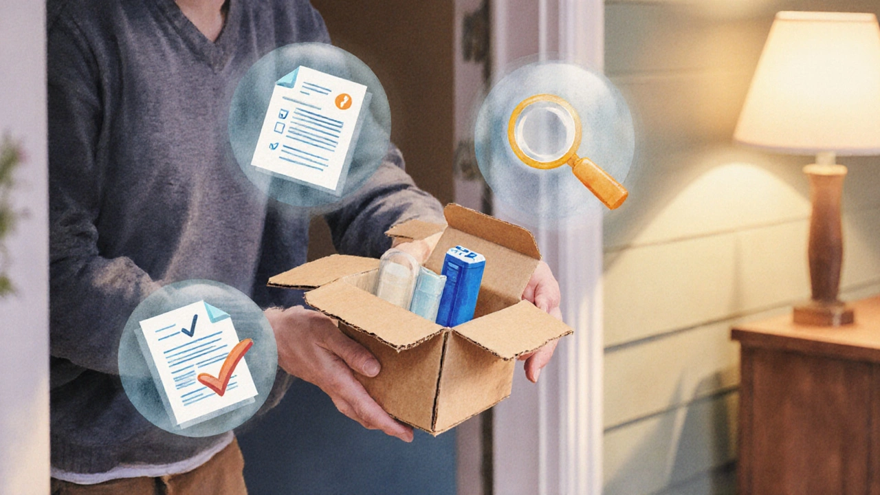 Individual opening a delivery box, inspecting inhaler with safety checklist icons nearby.