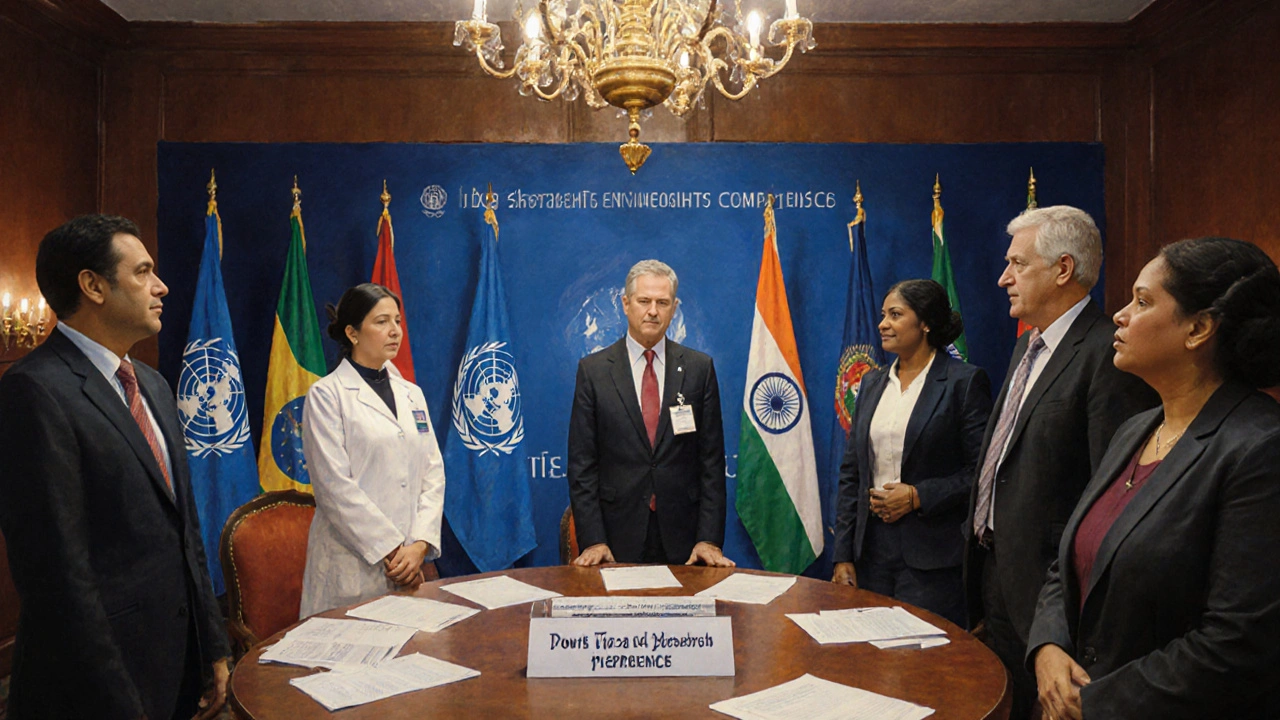 International conference scene with WHO, UN, and advocates discussing leprosy rights around a table.