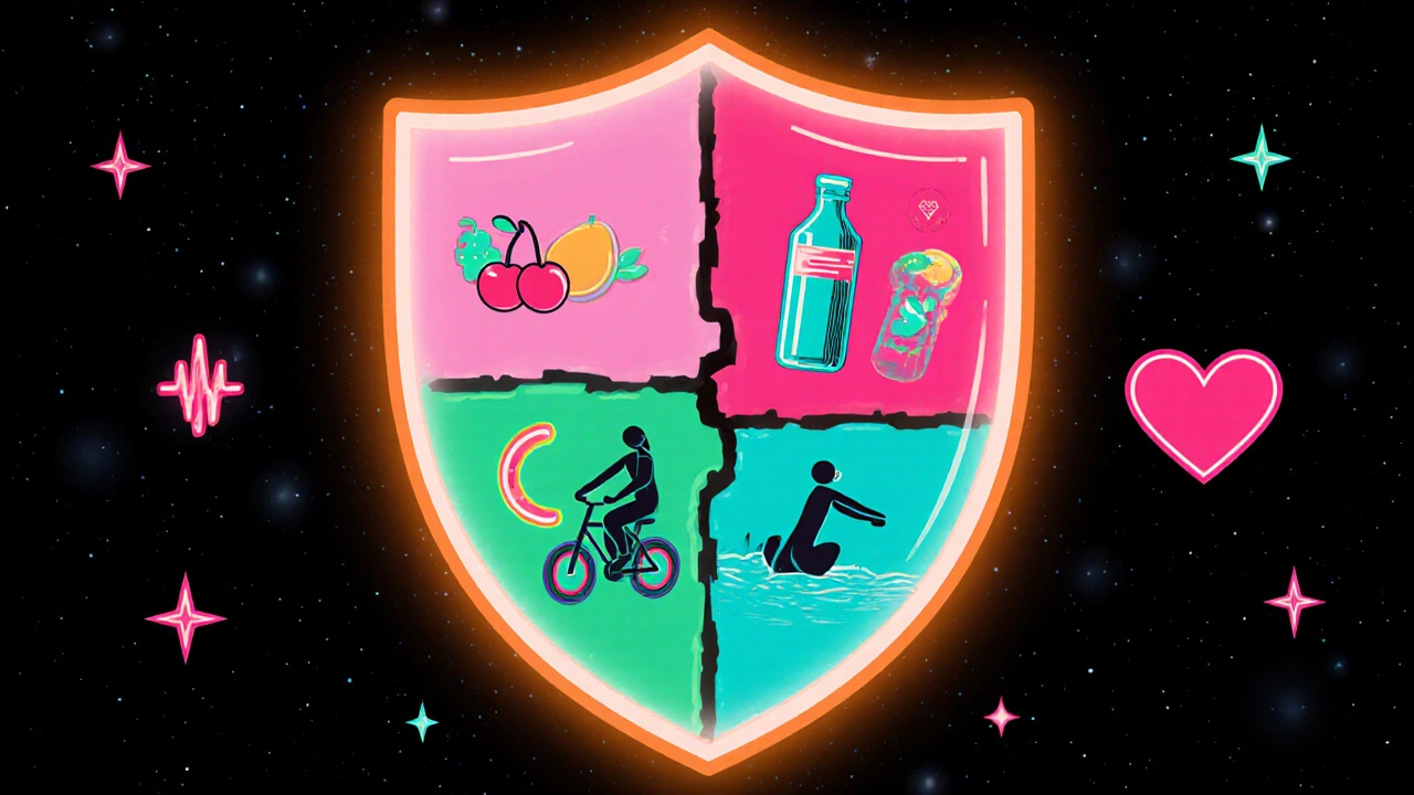 Layered shield illustration of diet, exercise, and overall health protecting a joint in neon colors.