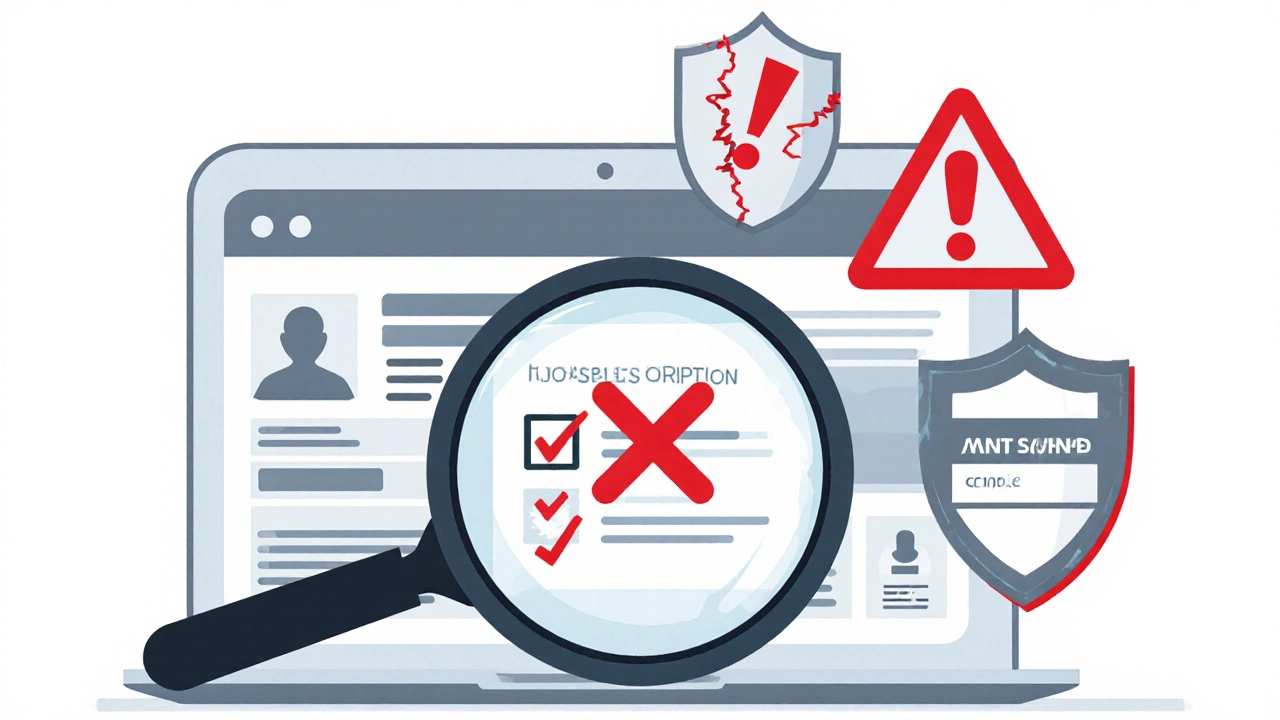 Magnifying glass highlighting missing prescription and security warnings on a website.
