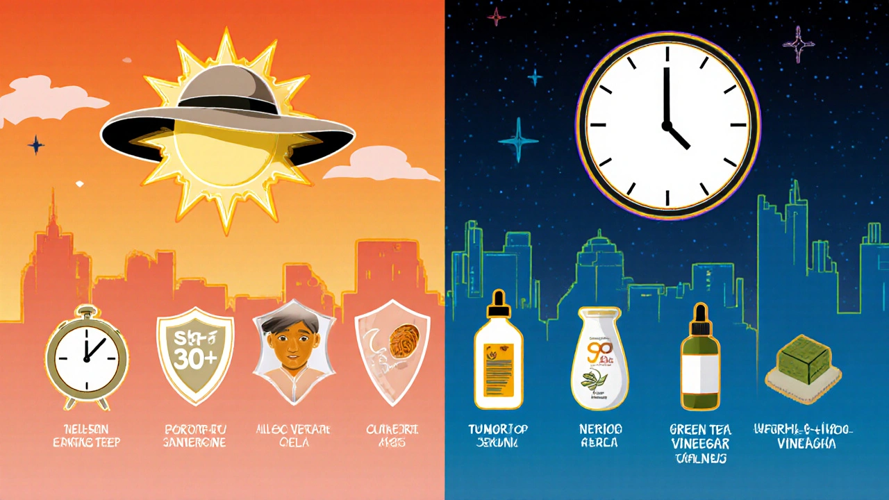 Morning and evening melasma skincare routine shown in split-screen retro-futuristic cartoon style.