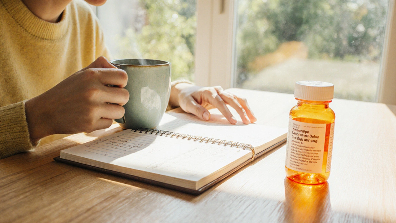 Morning scene with person reviewing a sleep diary beside a prescription bottle.