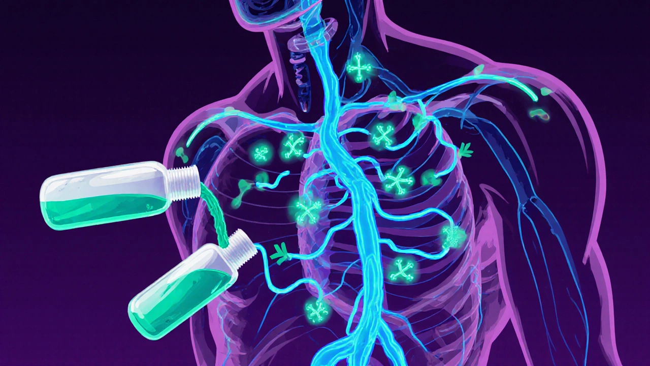 Neon illustration of serotonin and blood flow pathways inside a glowing body.