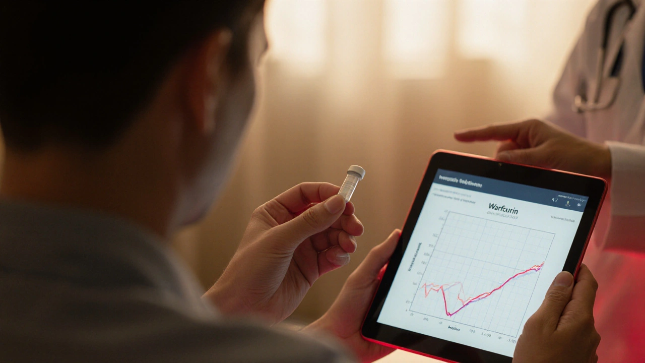 Patient holding warfarin tablet while doctor reviews INR test on tablet in a clinic.