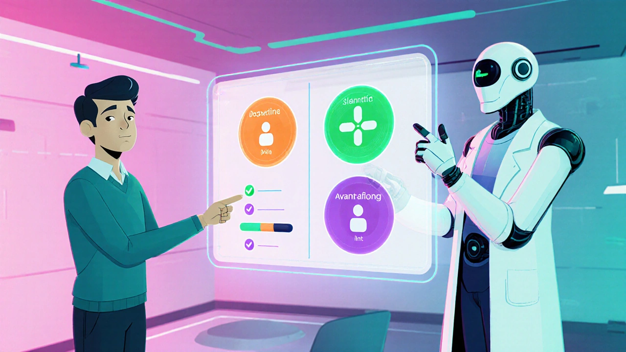 Patient reviewing holographic options for combo and separate ED/PE pills with a robot doctor.