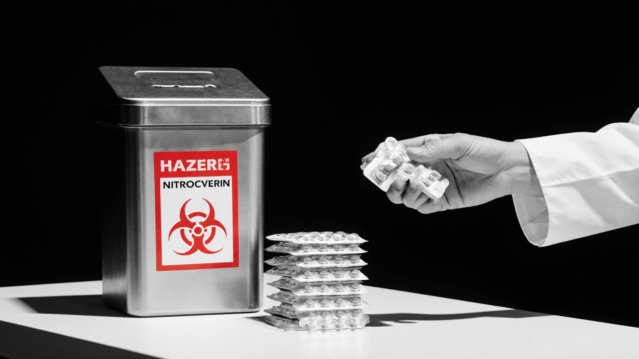 Pharmacy take‑back bin and patient handing over sealed nitroglycerin containers.