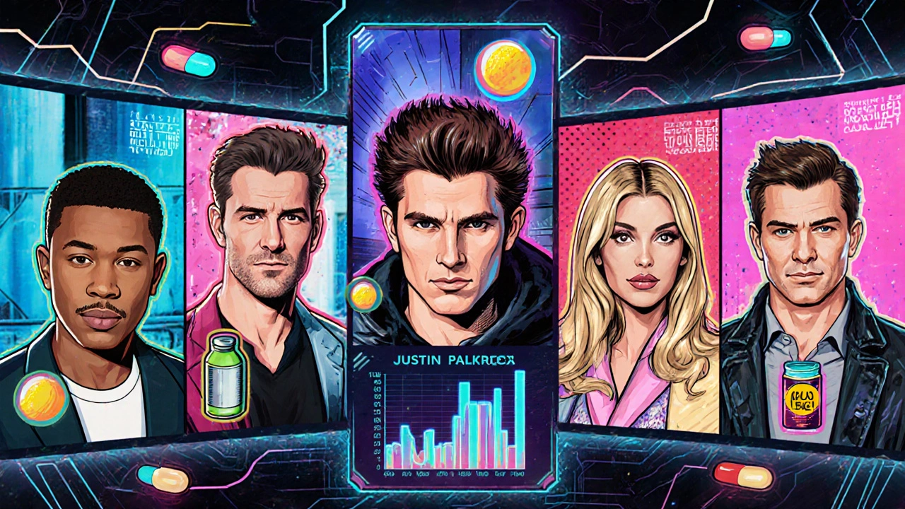 Retro‑futuristic comic panels of five celebrities showing hair regrowth.