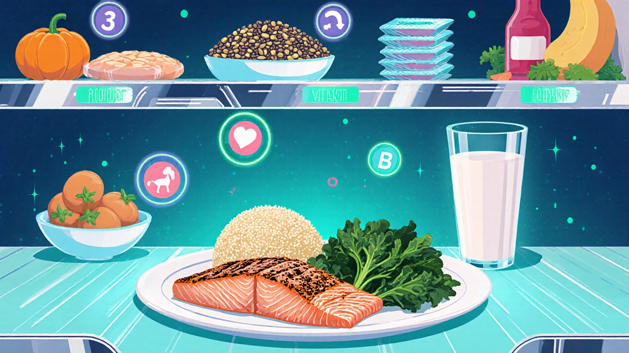 Retro‑futuristic pantry displaying salmon, kale, quinoa, pumpkin seeds, and nutrient icons in neon glow.