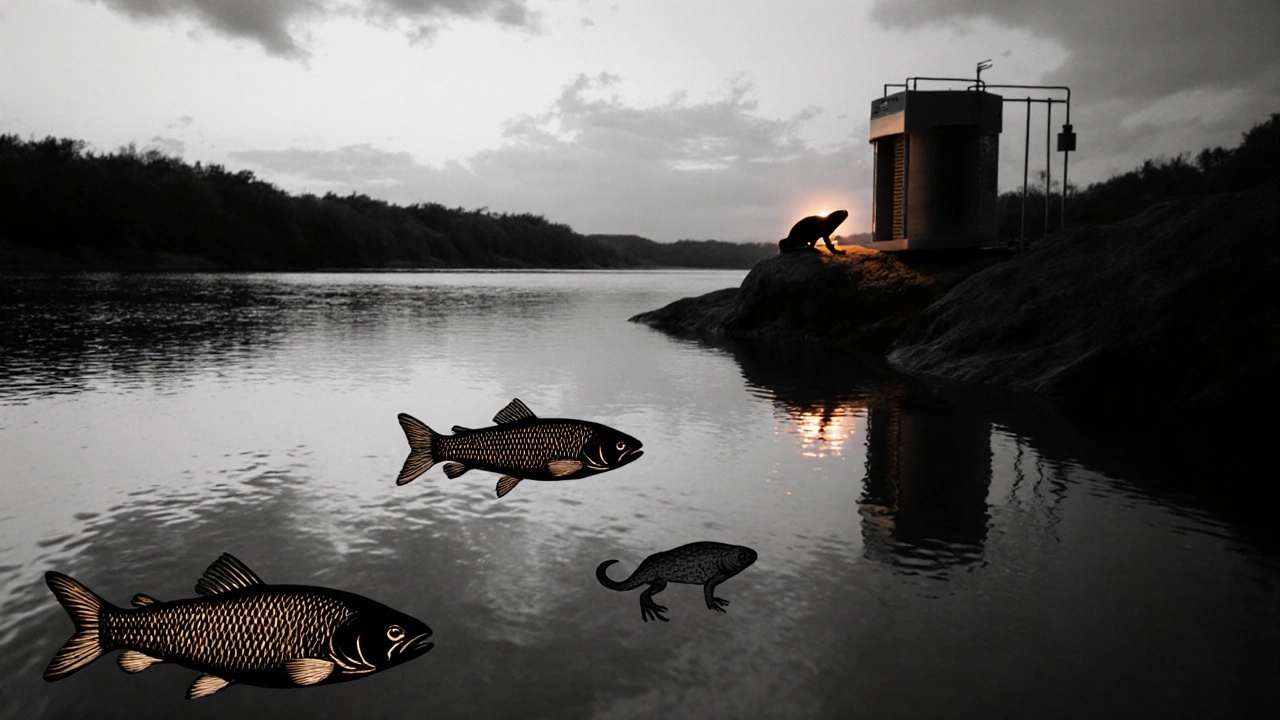 River scene showing fish distress and a small treatment unit with UV and carbon filter.