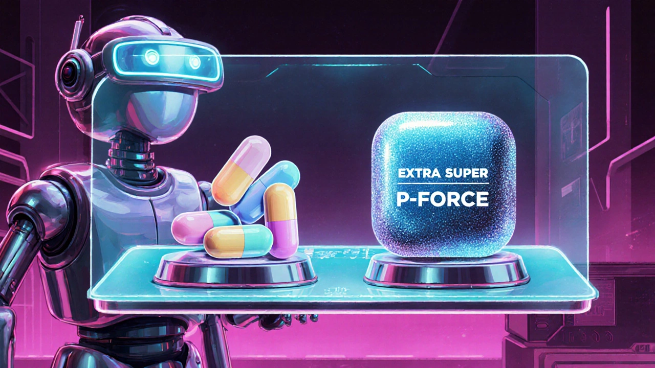 Robot pharmacist shows separate pills versus one combo tablet on a holographic display.