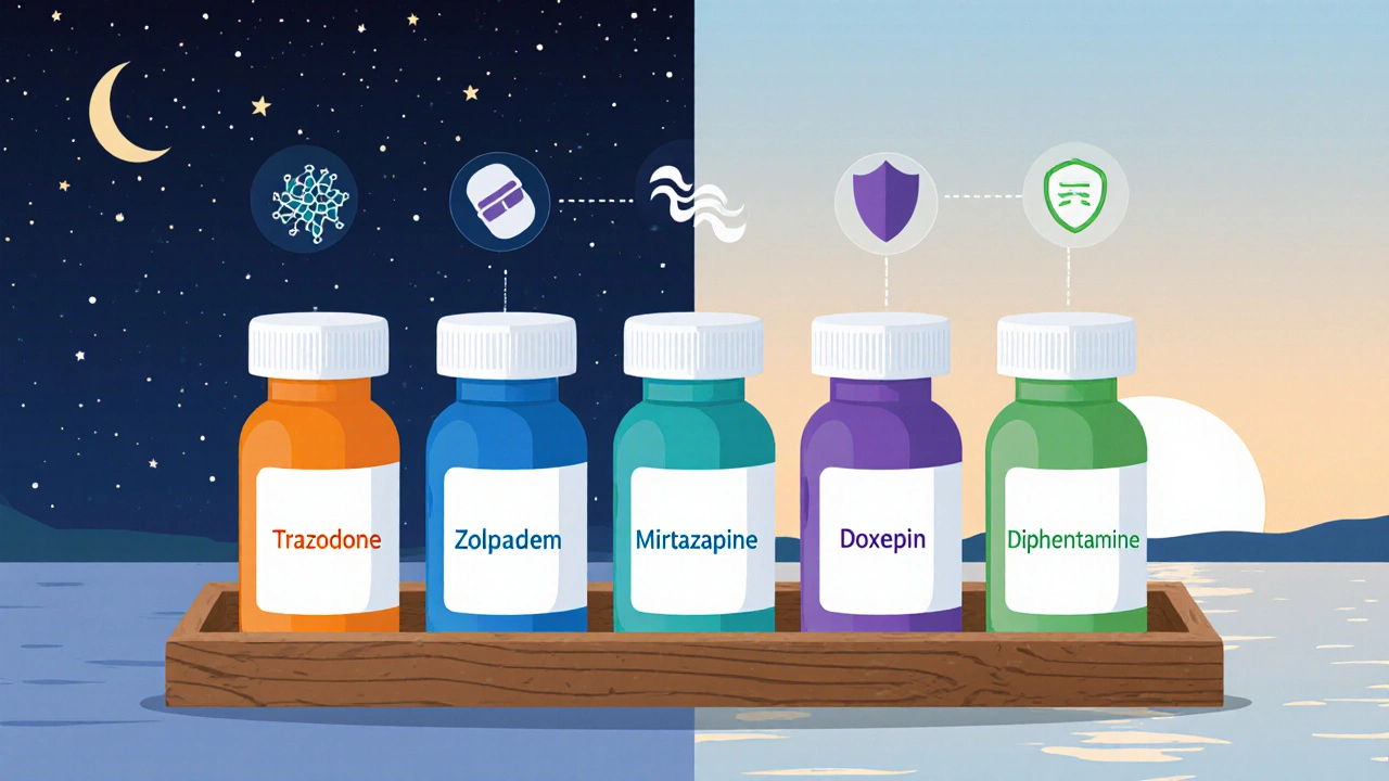 Row of five colored pill bottles with night and sunrise background.