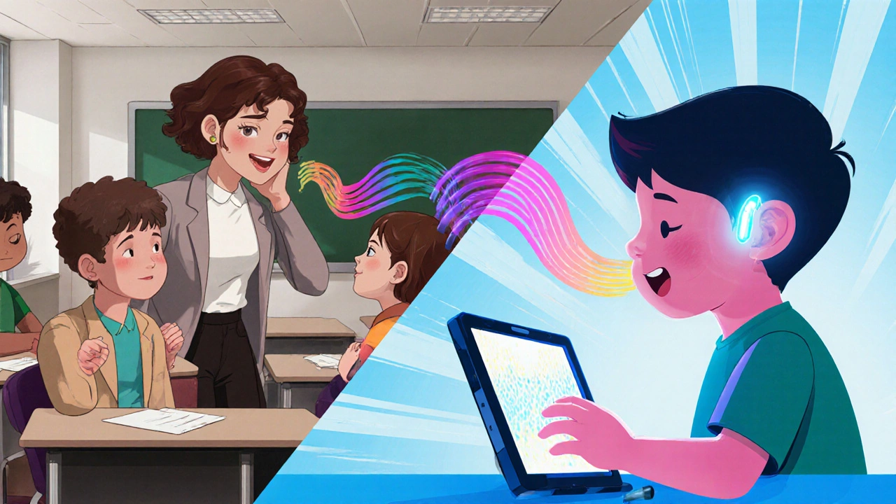 Split scene of adult in classroom before and after implant, child playing with glowing implant.