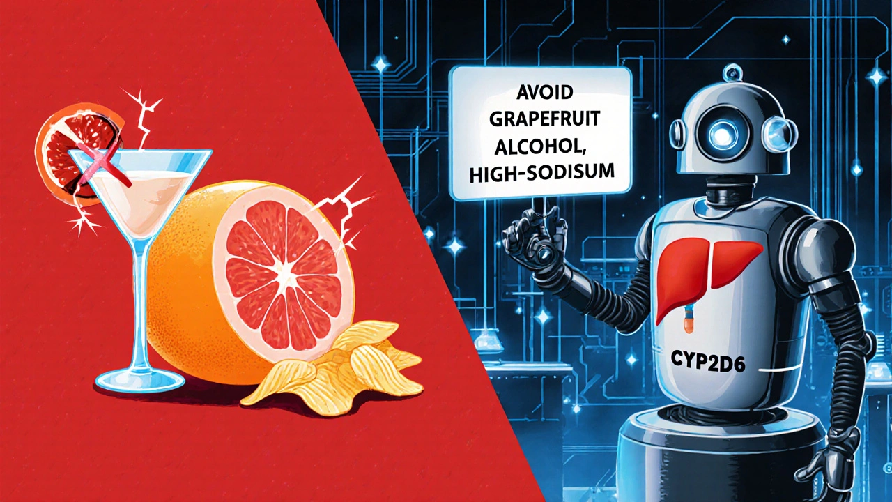 Split scene showing grapefruit, alcohol, chips with warning signs and a liver robot protecting Imipramine.
