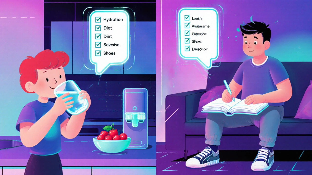 Split‑screen of daily habits: drinking water, eating cherries, supportive shoes, and journaling, in retro‑futuristic cartoon style.