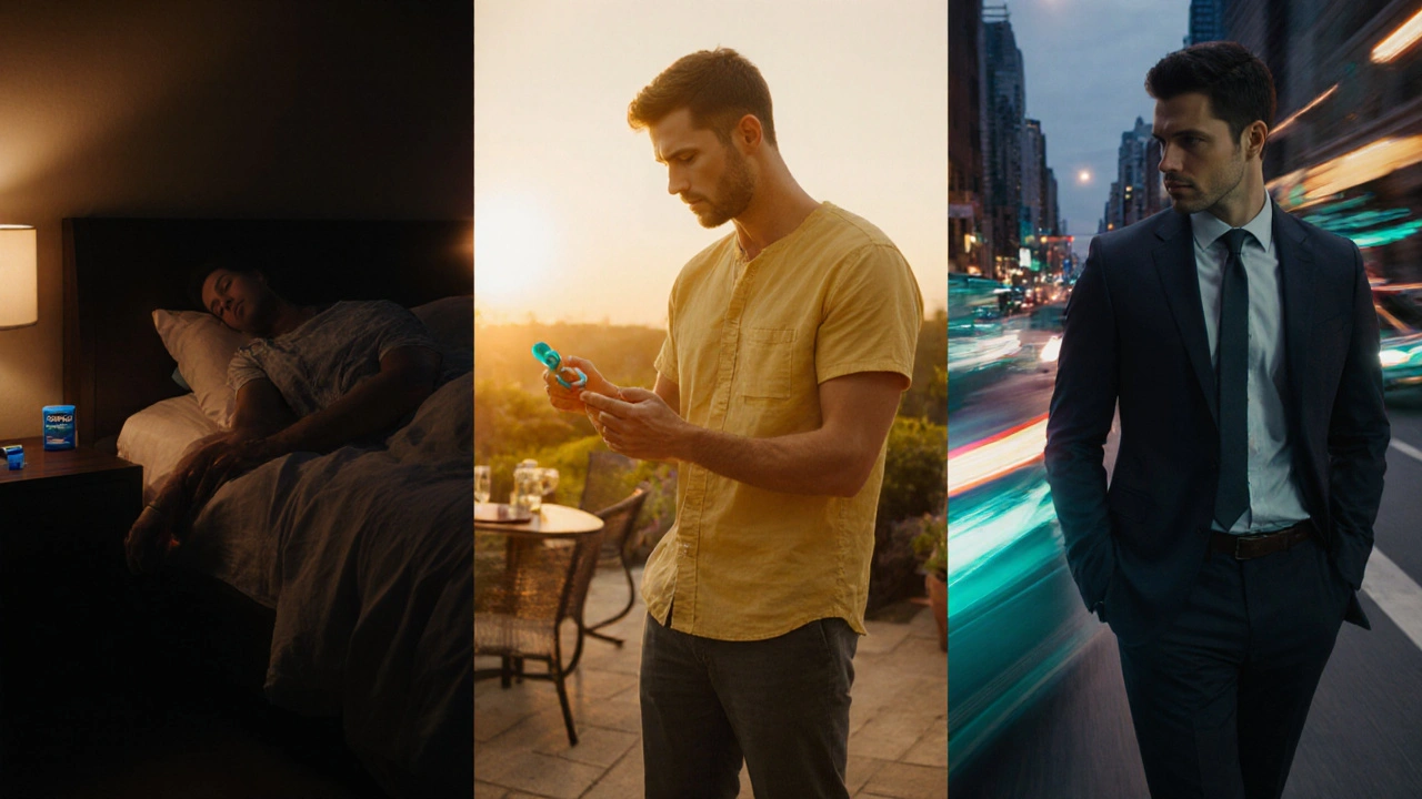 Three lifestyle scenes showing men choosing different ED pills for various occasions.
