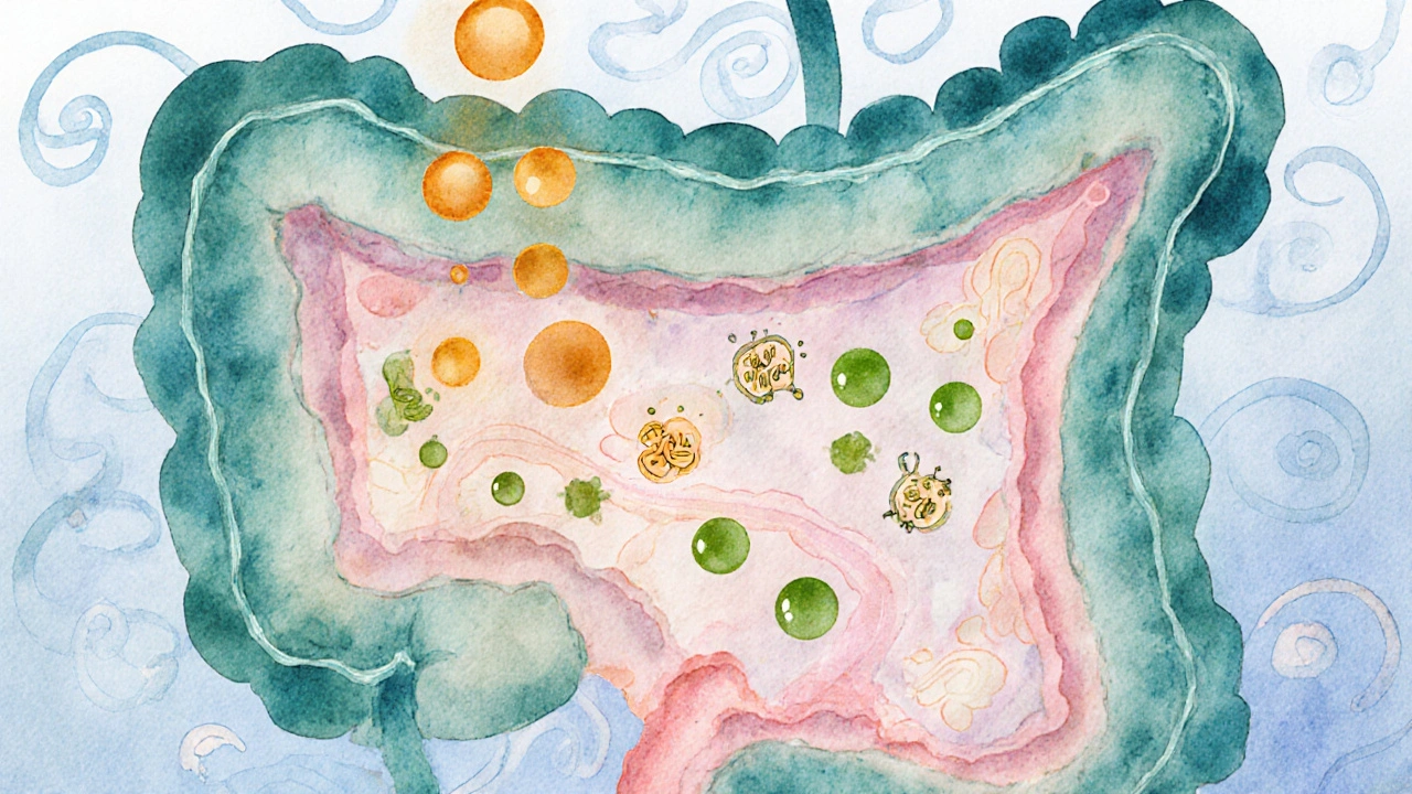 Watercolor cross‑section of colon showing lactulose molecules, bacteria, and water influx.