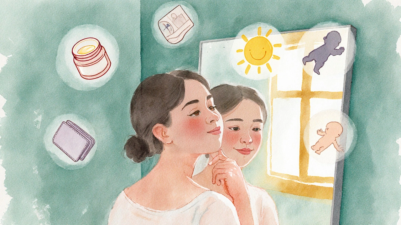 Woman looking at mirror surrounded by floating icons of a jar, a sun, a wallet, and a baby, representing retinoid choices.