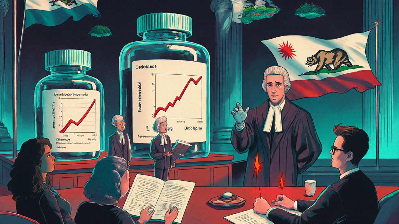 A biosimilar vial on trial next to its original counterpart, with patient jurors and floating state flags.