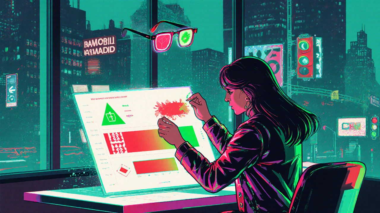 A designer transforms color-coded data into pattern-based symbols using futuristic tools