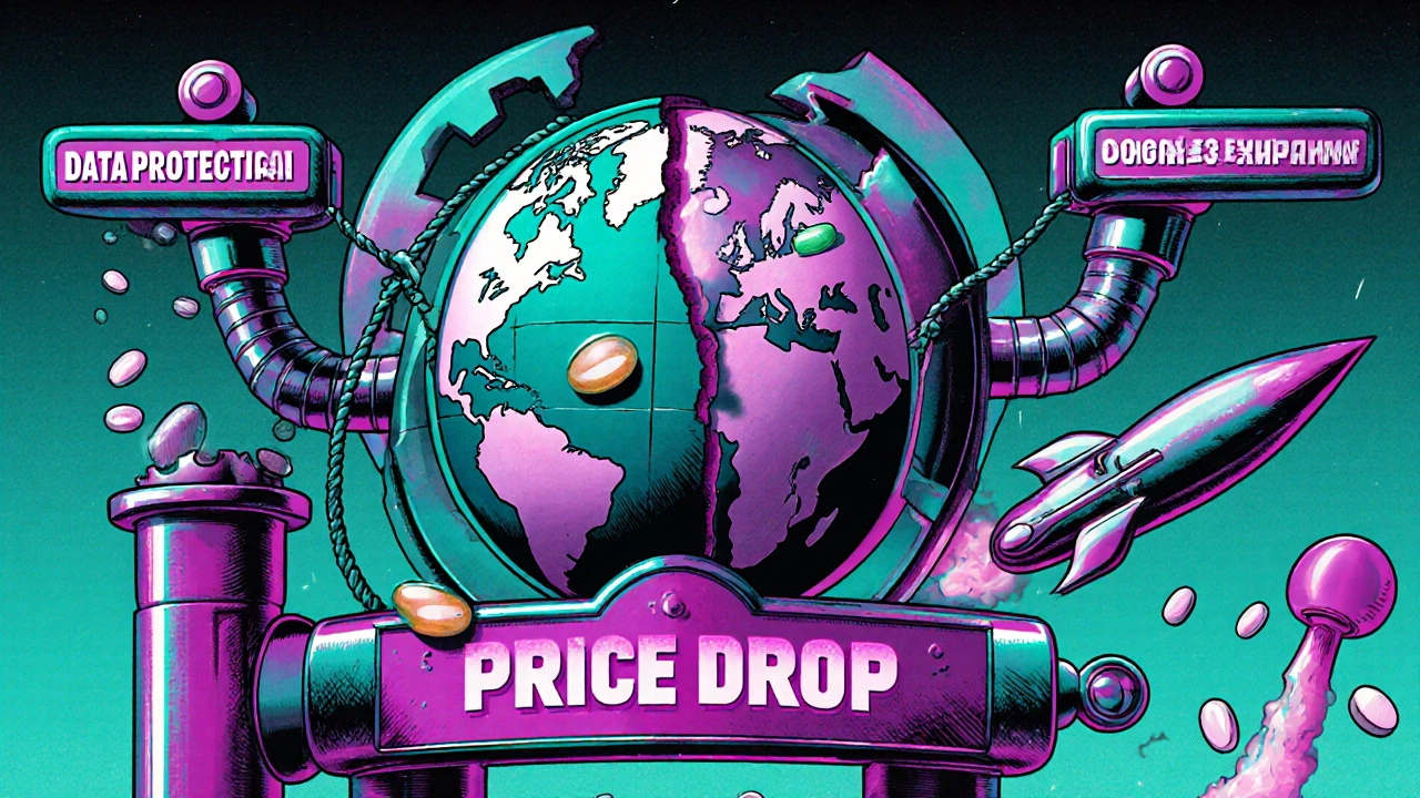 A giant 2025 Pharma Package machine with levers affecting pills and globes, showing Indian and European companies competing in a cyberpunk EU landscape.