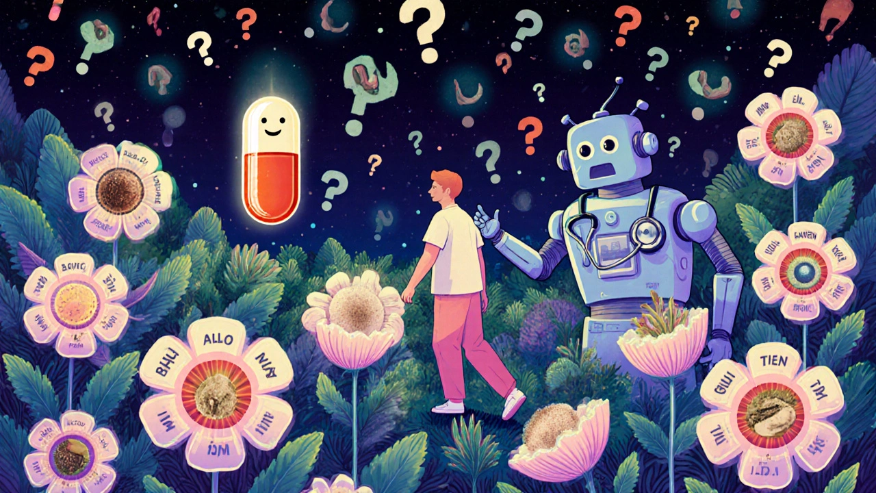 A man walking through a surreal garden of medicinal flowers with side effect labels, approached by a robot offering pill choices.