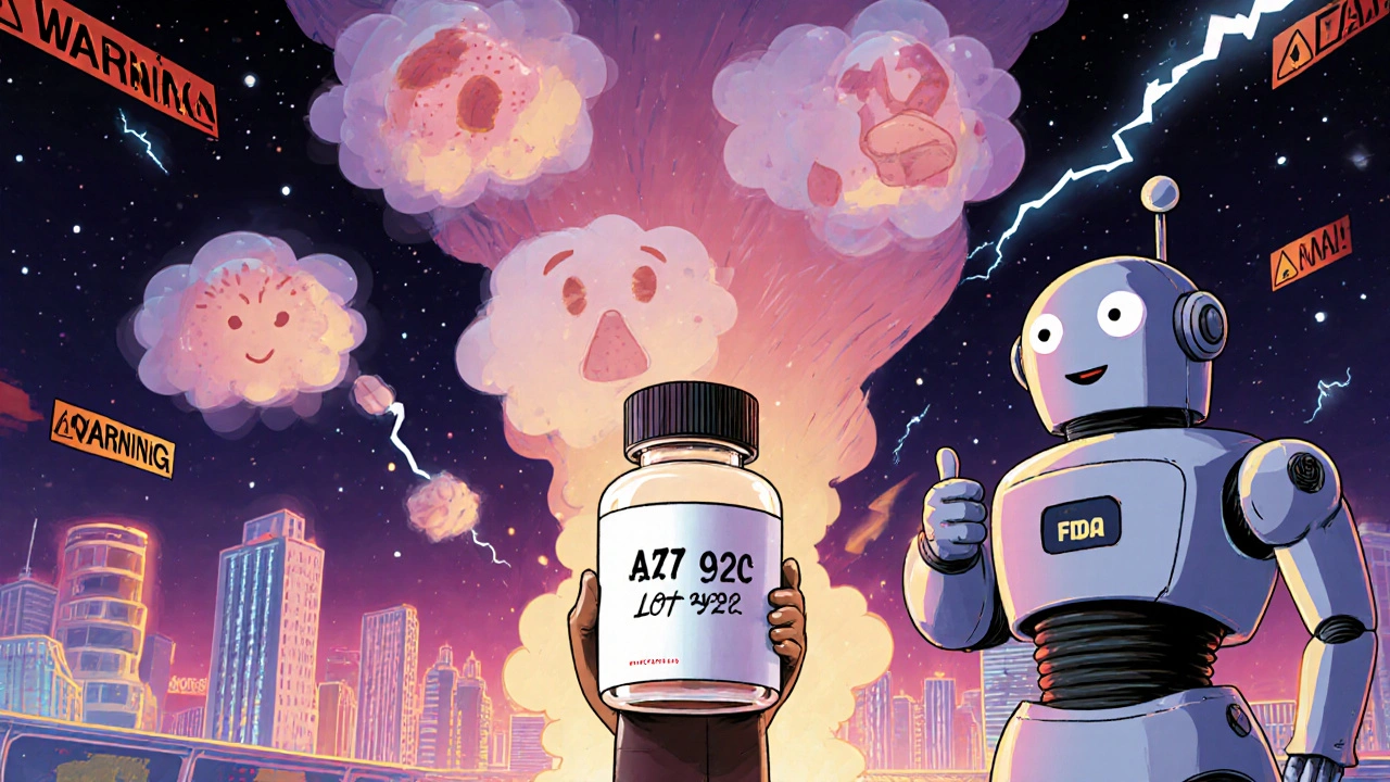 A patient holds a pill with glowing lot number as ghostly side effects rise behind them, aided by a friendly pharmacy robot.