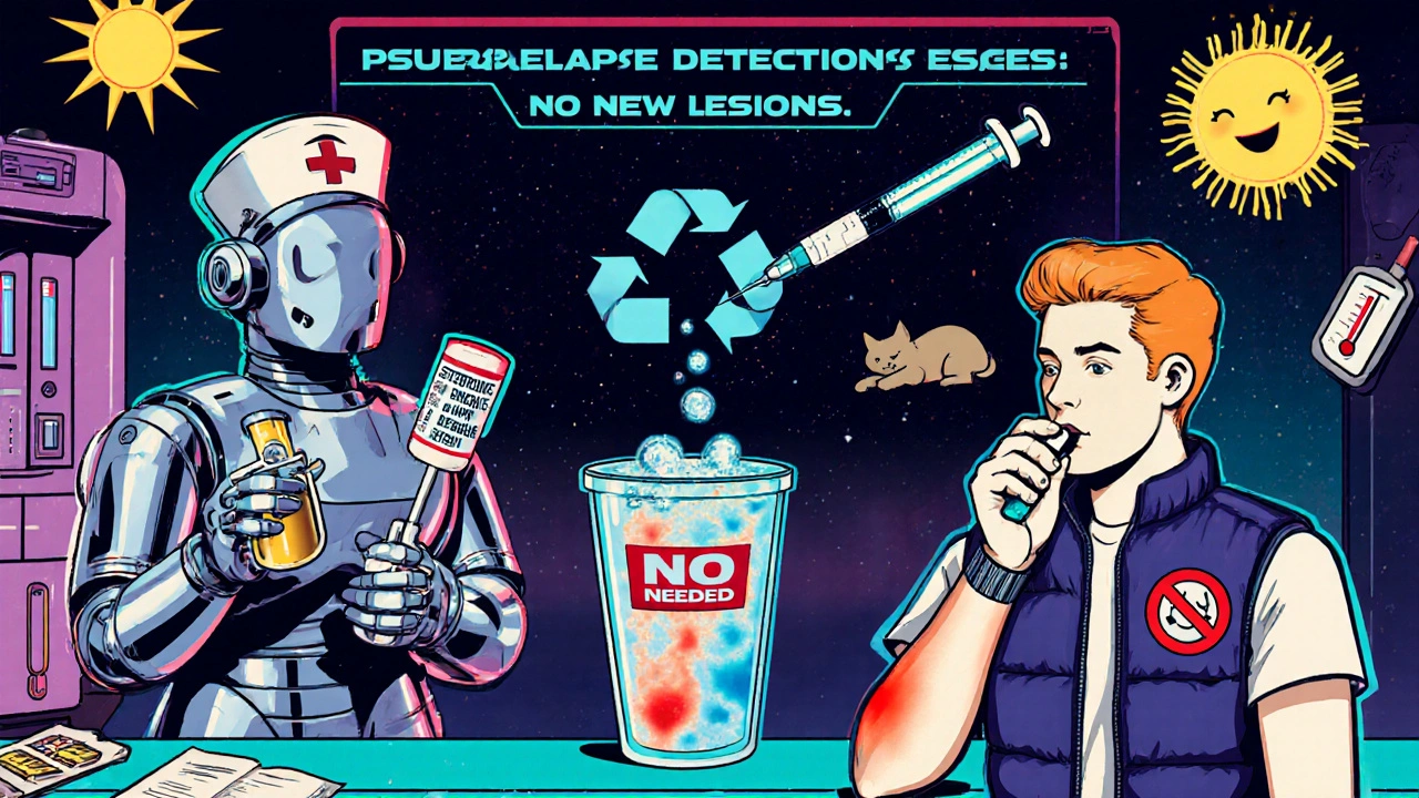 A robotic nurse discards steroid syringe into recycling bin while patient cools down with holographic test showing no new lesions.