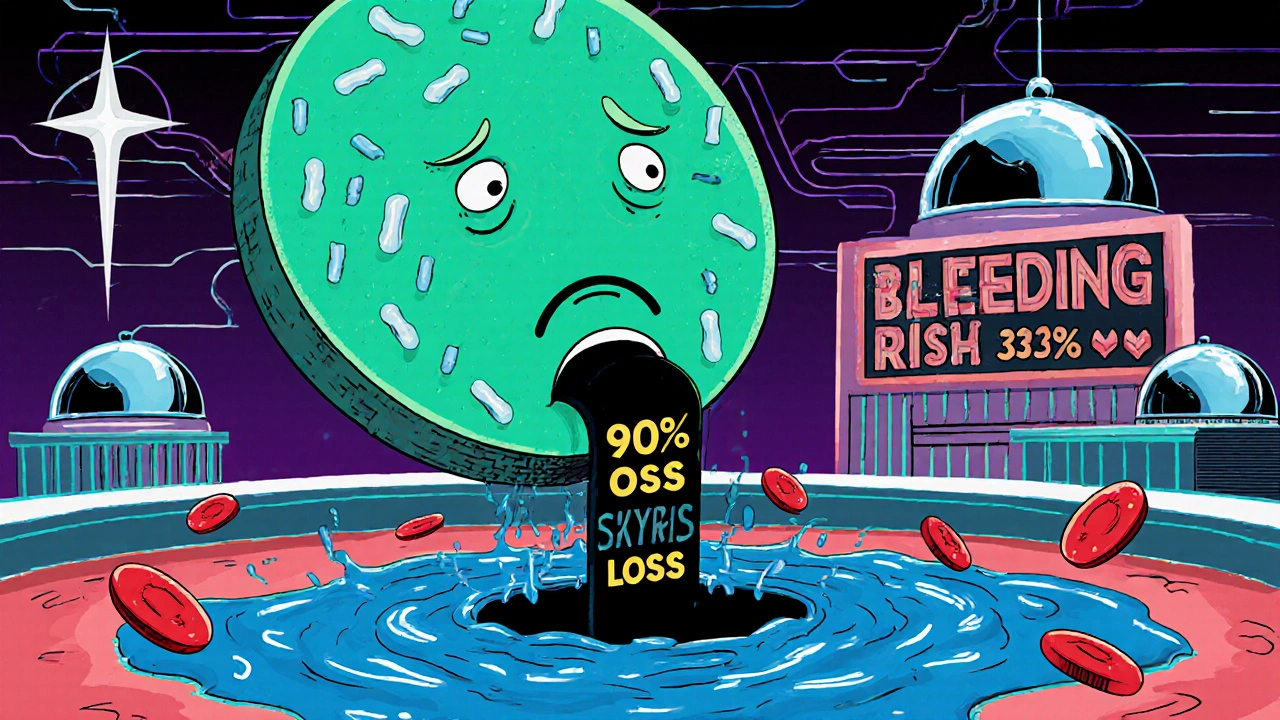 A sad platelet losing serotonin to a black hole in a glowing bloodstream with medical icons.